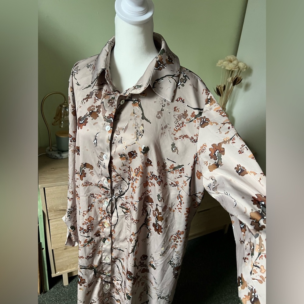 Autumnal Print Modest Maxi Button Down Relaxed Fit Long-Sleeve Satin Dress Sz XL - Picture 8 of 16